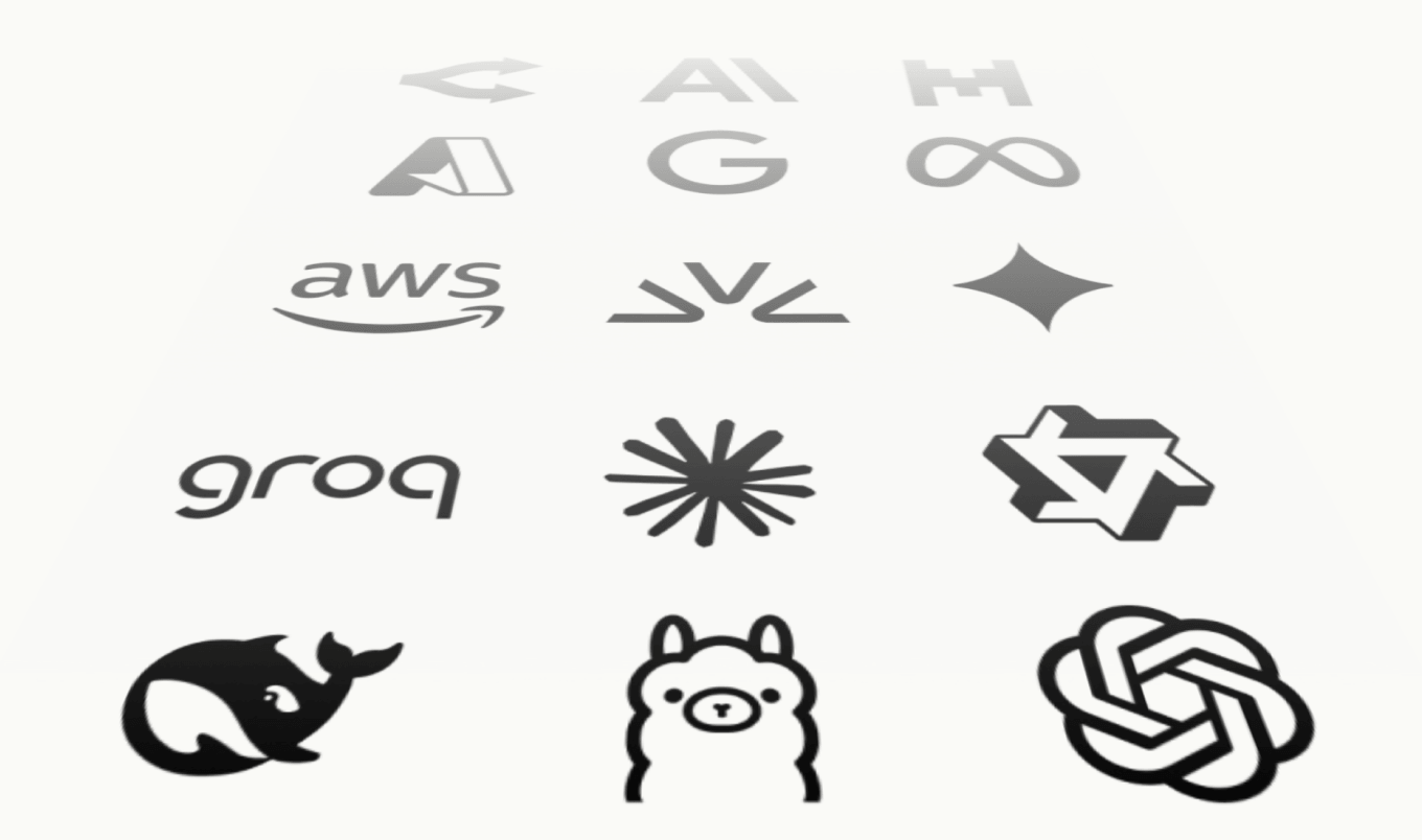 Logos of supported model providers including OpenAI, Anthropic, Google, AWS, Groq, Ollama, and more.